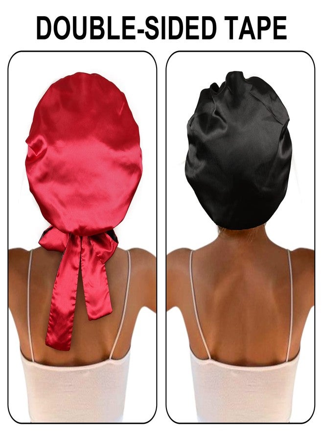 CHLINS Satin Bonnet Silk Sleep Cap Hair Bonnets for Black Women Stretchy Tie Band for Curly Hair Wrap(Black+Red) - Image 4
